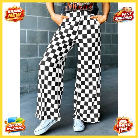 Checkered Wide Leg Pants Elastic Waist Comfortable Casual Loose Fit with Pockets - Picture 4 of 5
